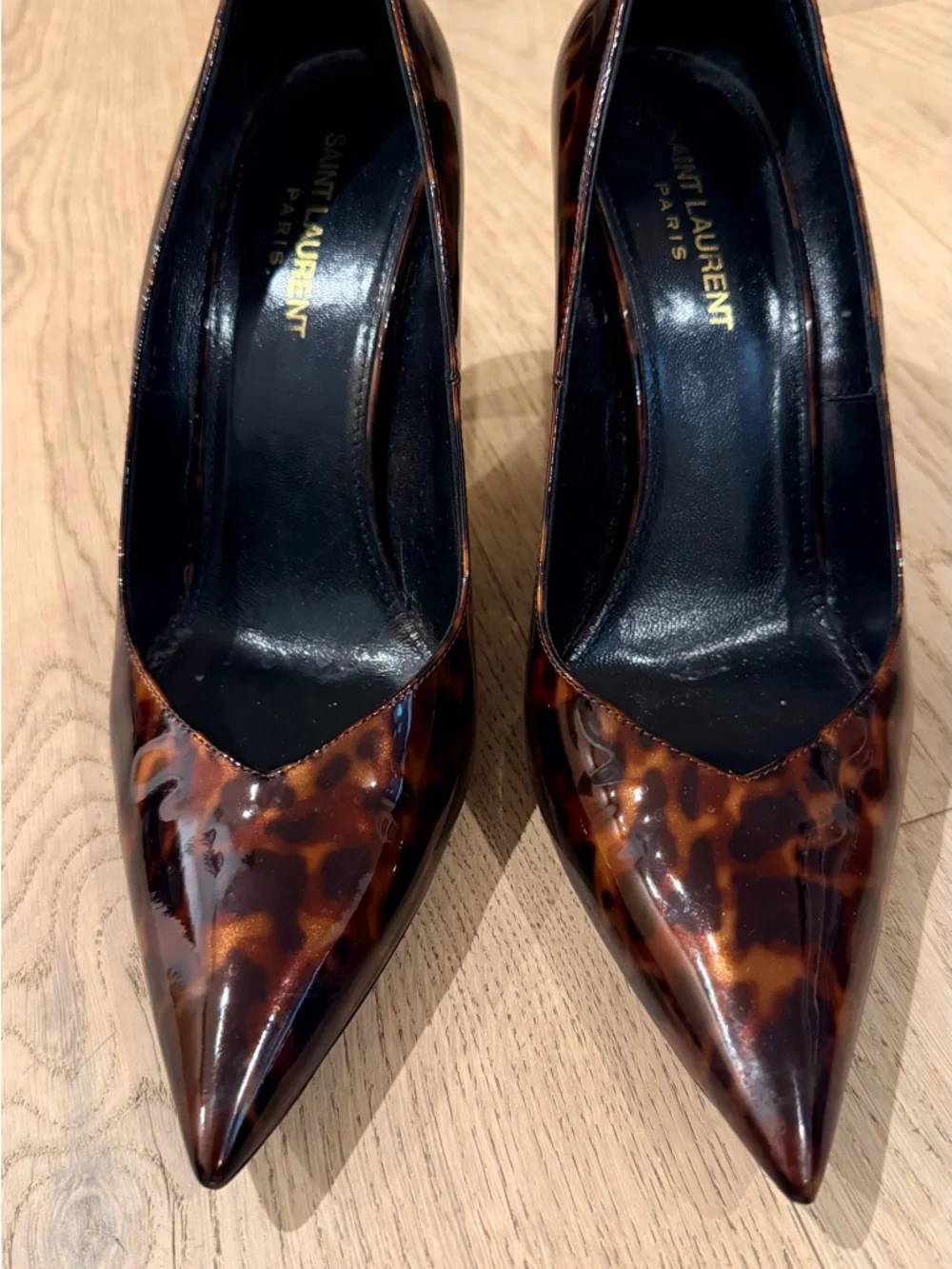 Saint Laurent Brown Tortoiseshell Patent Pointed-Toe Stilettos - Picture 2 of 6